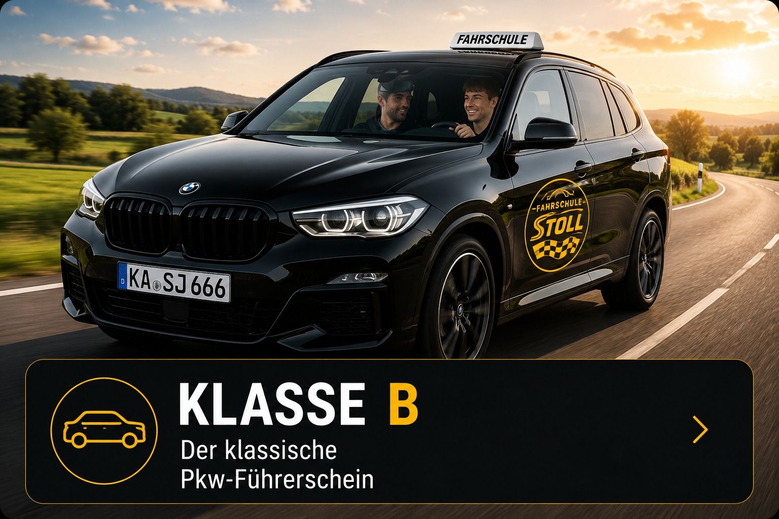 Fahrschulwagen der Fahrschule Stoll auf der Landstraße